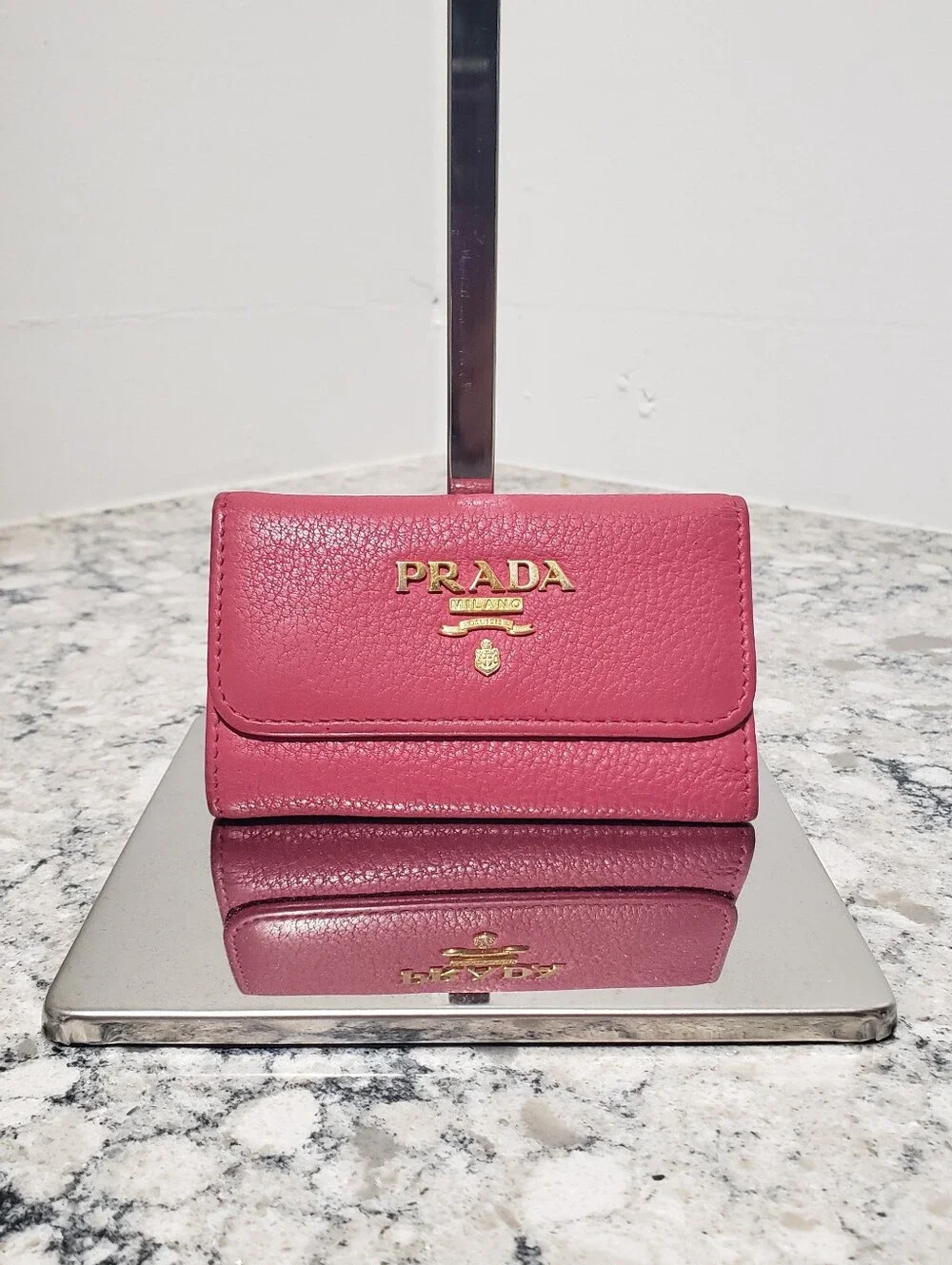 Prada Pink Pebbled Leather 6 Key Ring Card Case Holder